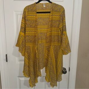 L Love Yellow Floral Bell Sleeve Kimono Cardigan Crochet‎ Lace Trim Small Boho